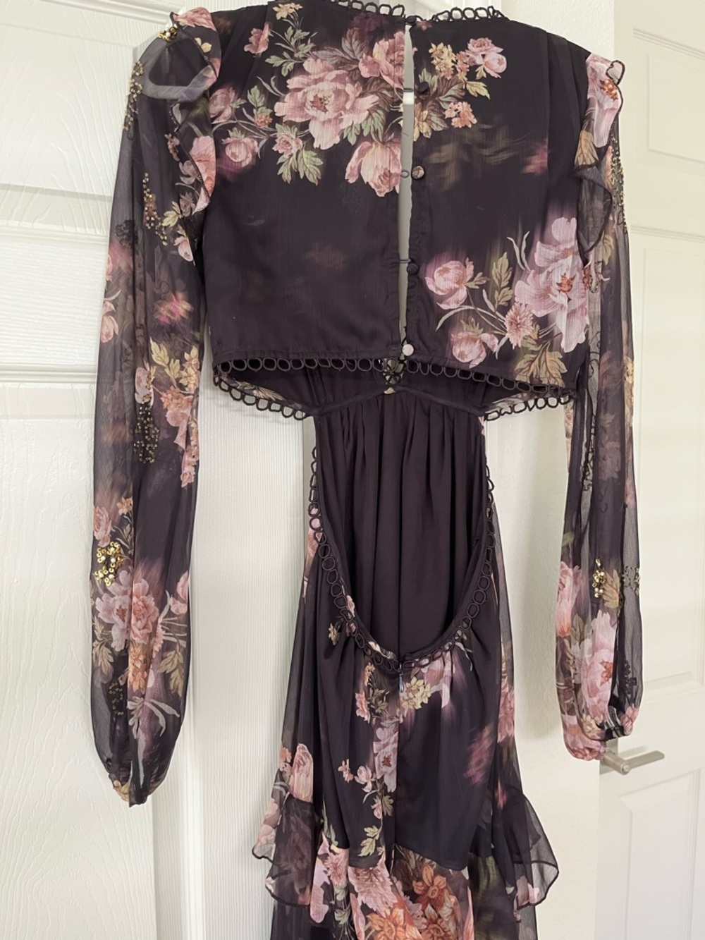 ASOS TALL Floral Lace-Trim Maxi Dress in Brown with Pink Rose Print - Picture 6 of 8